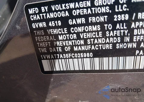 2015 Volkswagen Passat 1.8T Wolfsburg Edition from USA, damaged, VIN 1VWAT7A35FC025980